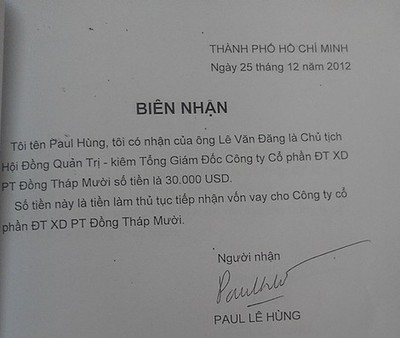 Các “biên nhận” nhận tiền của ông Paul Lê Hùng.