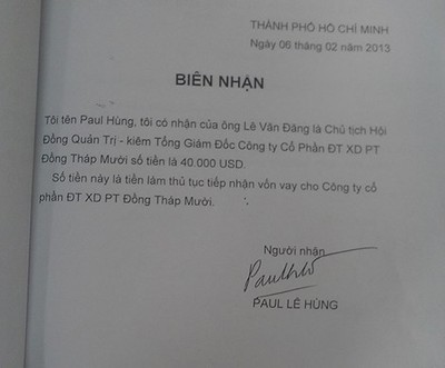 Các “biên nhận” nhận tiền của ông Paul Lê Hùng.